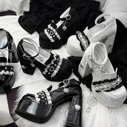 Jirai Kei Black Lace Platform Heels: 12cm Chunky Block Heel with Heart Rhinestone Chain & Buckle Ankle Strap