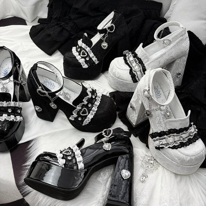 Jirai Kei White Lace Heels: 12cm Platform with Heart Rhinestone Chain & Buckle Ankle Strap