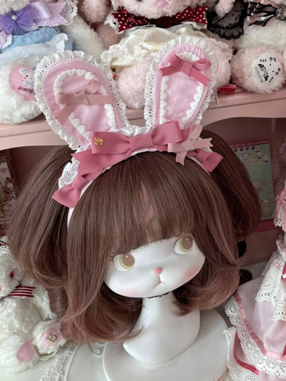 Pink Bowknot Details Lace Trim Bunny Ear KC