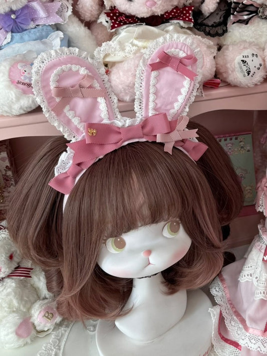 Pink Bowknot Details Lace Trim Bunny Ear KC