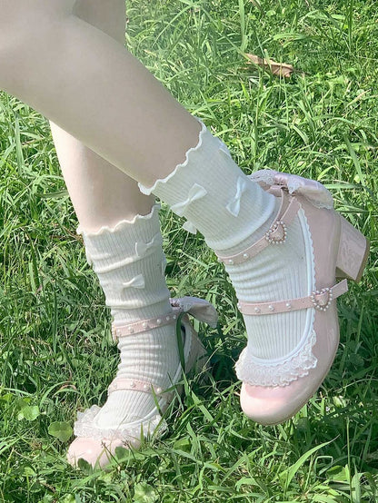 Polished Dusty Pink Detachable Rhinestone And Beaded Decorated Bowknot Lace Trim 4.5CM Block Heels Shoes