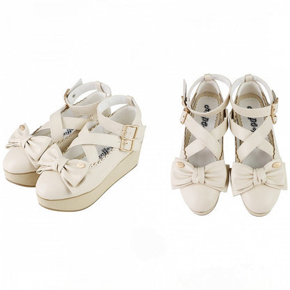 Platform Off-white Lolita Shoes - Crisscross Design & Top Bow