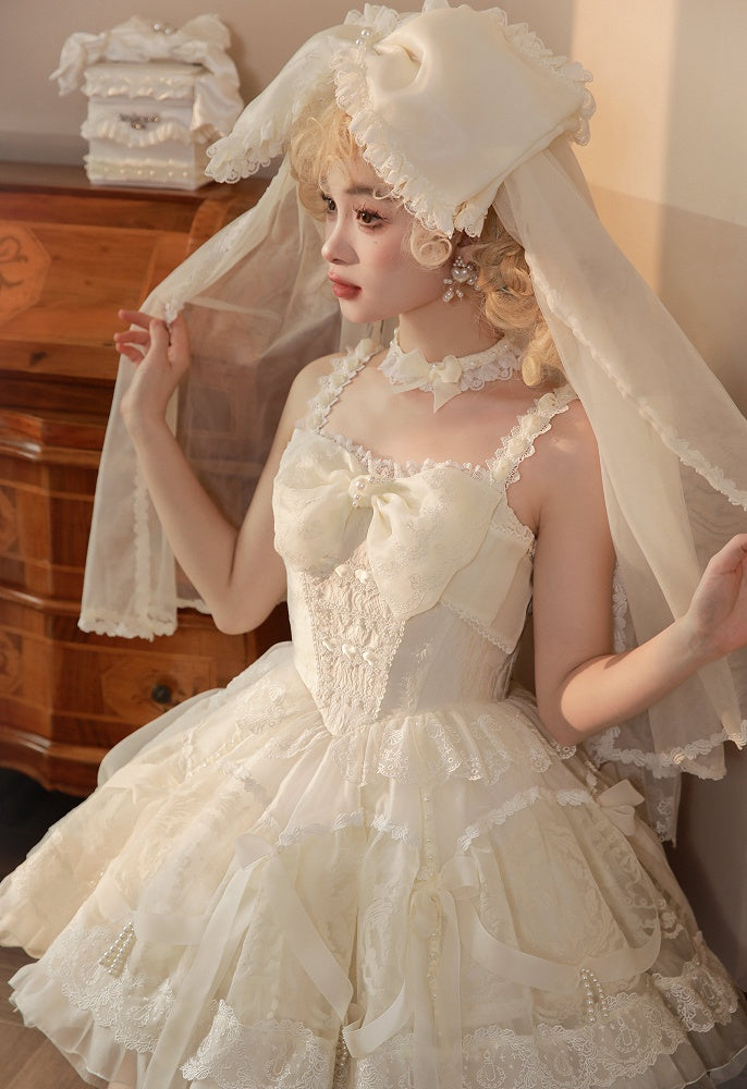 Creamy White Princess Basque Waist Lolita Dress Beads and Ribbon Bows on Skirt