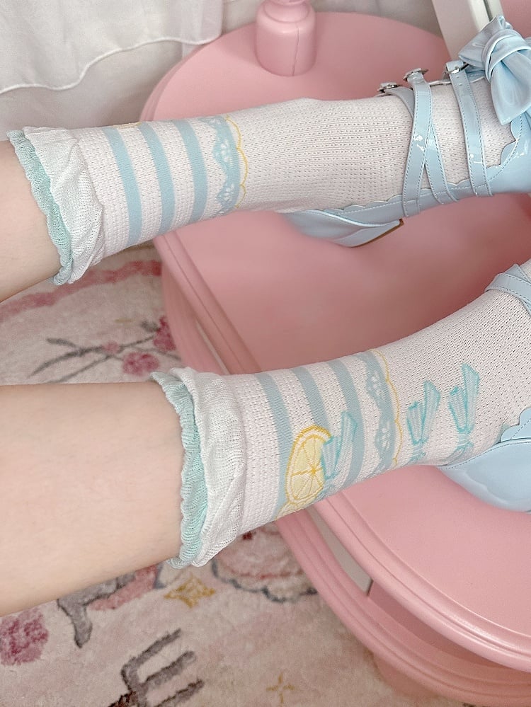 Blue Lemon Bowknot Print Ruffle Trims Sweet Lolita Calf Socks