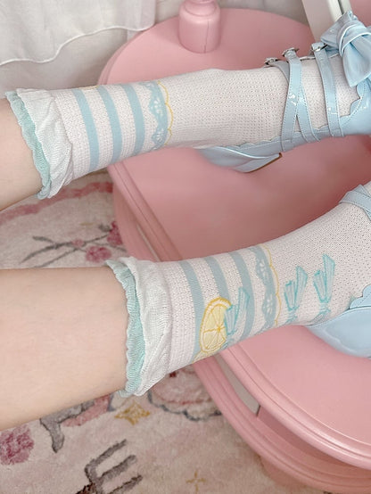 Blue Lemon Bowknot Print Ruffle Trims Sweet Lolita Calf Socks