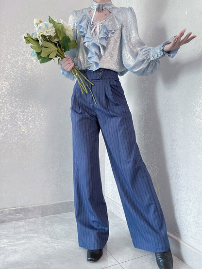 Striped Fabric Dark Blue Ouji Lolita Pants