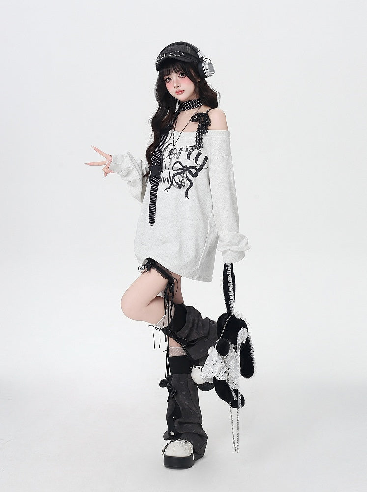 Light Gray Asymmetrical Neckline Letter Print Loose Sweatshirt