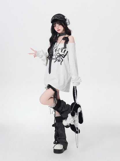 Light Gray Asymmetrical Neckline Letter Print Loose Sweatshirt
