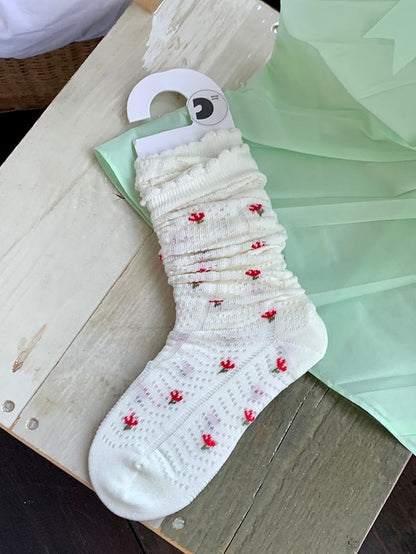 Gray/White/Wine Red/Black Floral Pattern Under-knee Stockings