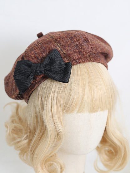 Cute Lolita Brown Beret with Black Bowknot Decoration