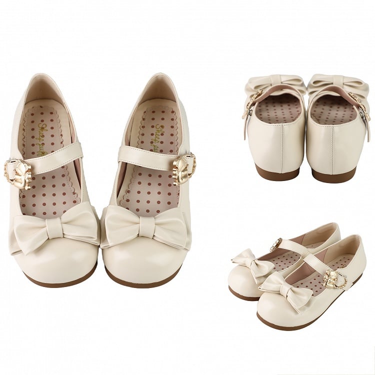 Beige Bow at Top Sweet Lolita Flats with Hugging Bear Heart Buckles