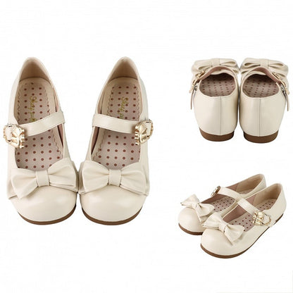 Beige Bow at Top Sweet Lolita Flats with Hugging Bear Heart Buckles