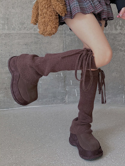 White/Light Grey/Black/Coffee/Khaki Self-tie Straps Knitted Leg Warmers