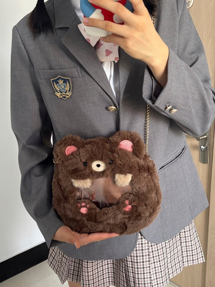 Brown Cute Plush Bear Crossbody Ita Bag
