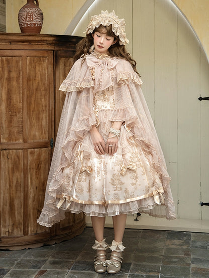 Champagne Self-tie Big Bow Neckline Cloak Cascading Ruffle Trimming
