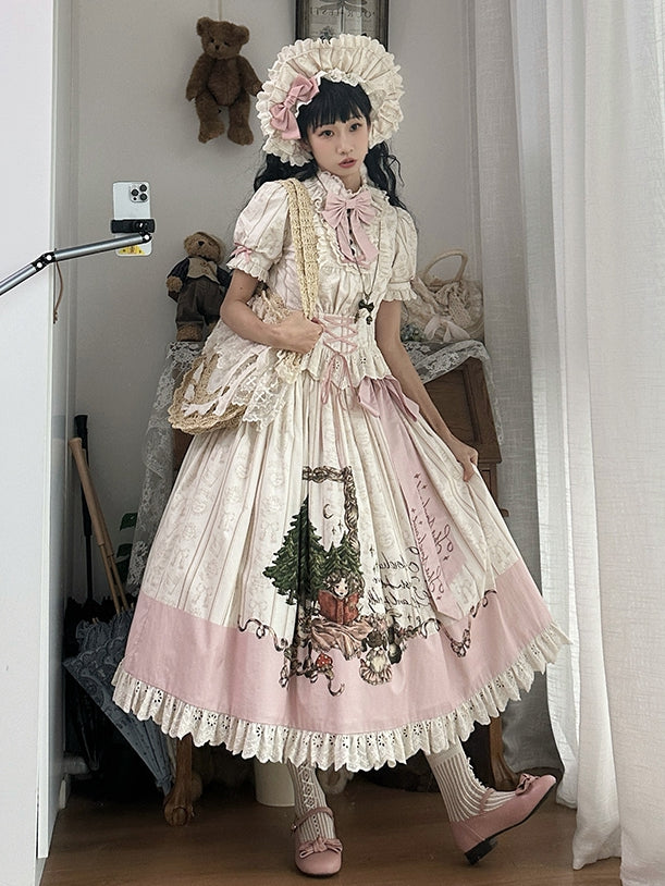 Plus Sizes Available Creamy Short Sleeves Blouse + Little Grils and Toys Print Skirt Set