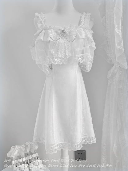 Jirai Kei White Off-the-shoulder Neckline Cape Design Dress with Chains Decorated Bowknot