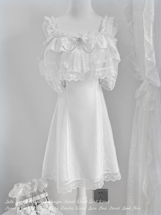 Jirai Kei White Off-the-shoulder Neckline Cape Design Dress with Chains Decorated Bowknot