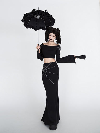 Gothic Black Spiderweb Embroidery Bell Sleeves Cropped Top