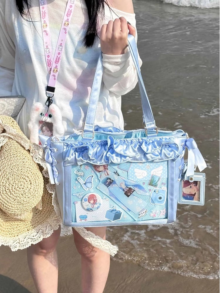 Blue Satin Ruffle Trims Self-tie Straps Ita Bag With Bow Card Holder