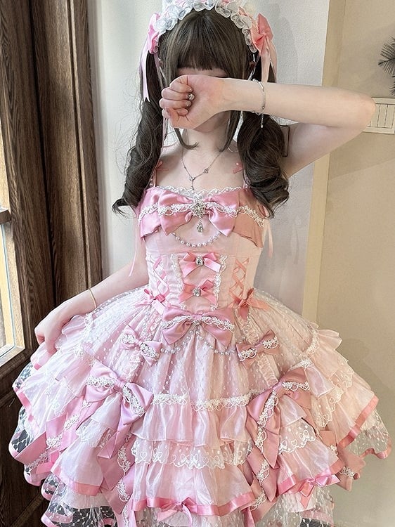 Pink Layered Lace Sweet Lolita Dress with Bead and Bow Embellishments