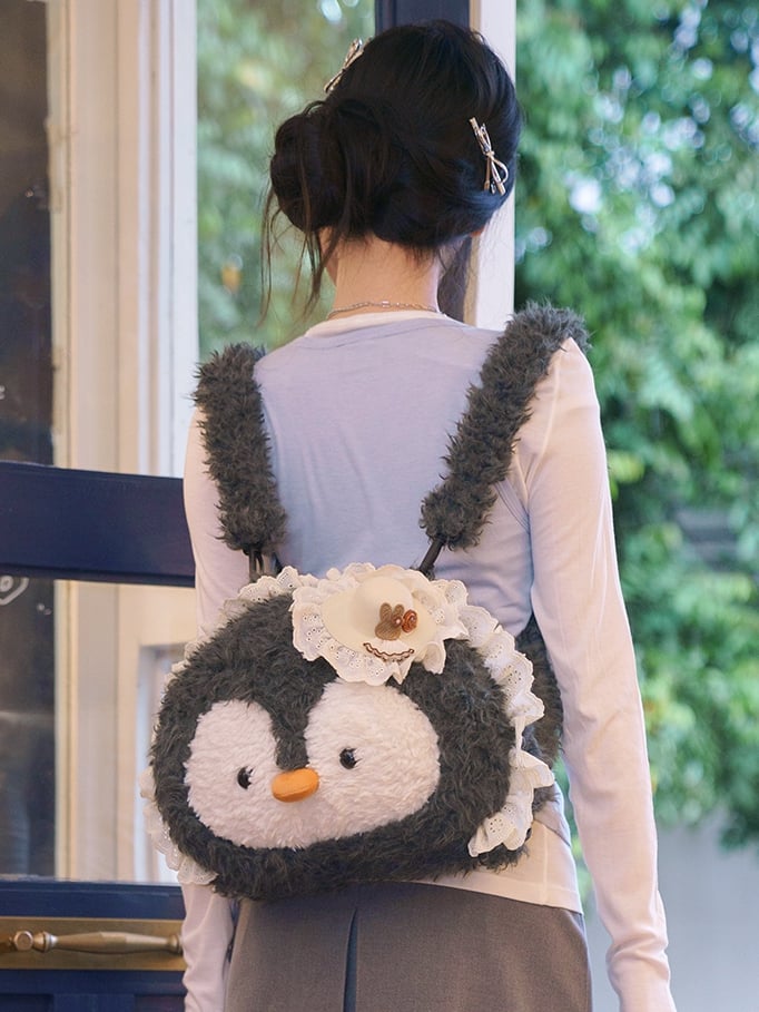 Gray Penguin-shaped Lace Trim Plush Backpack