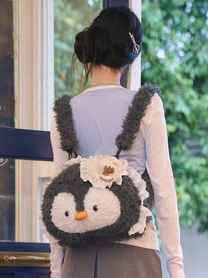 Gray Penguin-shaped Lace Trim Plush Backpack
