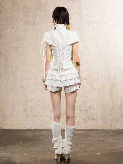 Gyaru Fashion Beige Punk Leopard Print Skort with Ruffle Layers & Elastic Waist