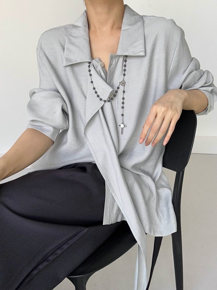 Ouji Lolita Light Blue Retro Pointed Collar Shirt with Long Draping Ribbon & Button Cuff