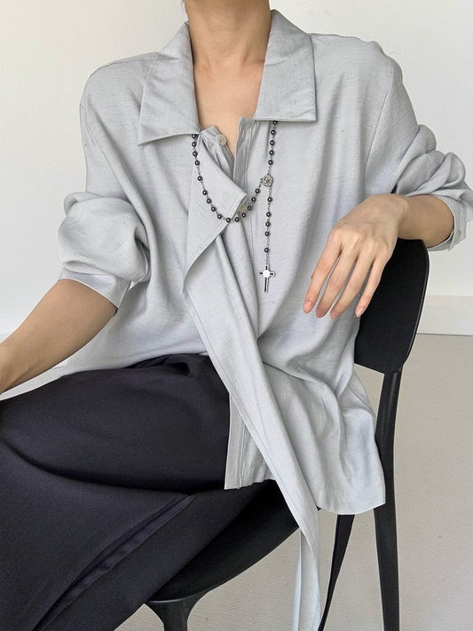 Ouji Lolita Light Blue Retro Pointed Collar Shirt with Long Draping Ribbon & Button Cuff