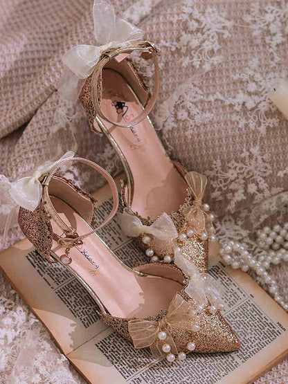 Gold Beaded Chain Pointed Toe Hime Lolita Middle Heels
