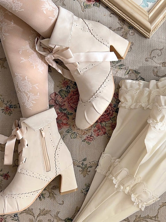 Reversible Cuff Design with Zip & Lace Fastening Elegant Lolita Beige Boots with Mid-heel