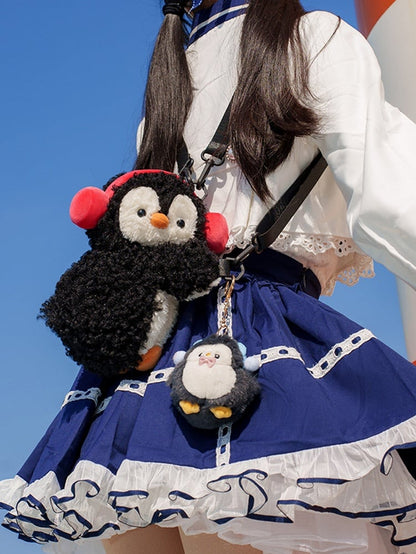 Black Cute Penguin Plush Backpack/Crossbody Bag +Keychain