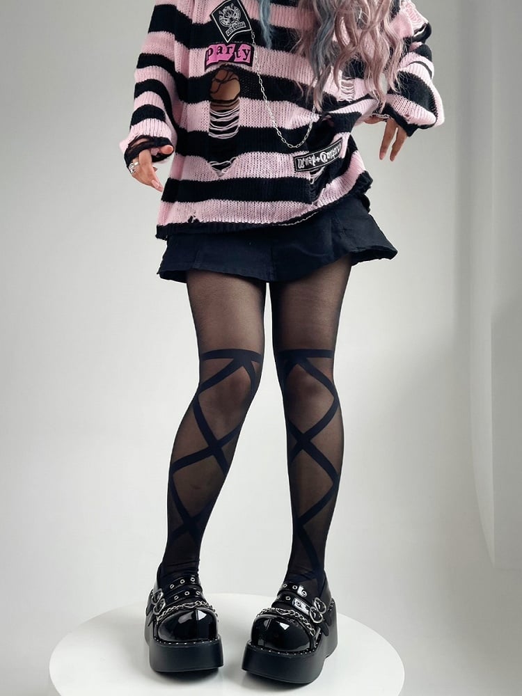 Black Semi-sheer Crisscorss Banded Print Lolita Tights