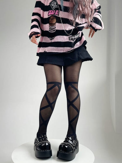 Black Semi-sheer Crisscorss Banded Print Lolita Tights