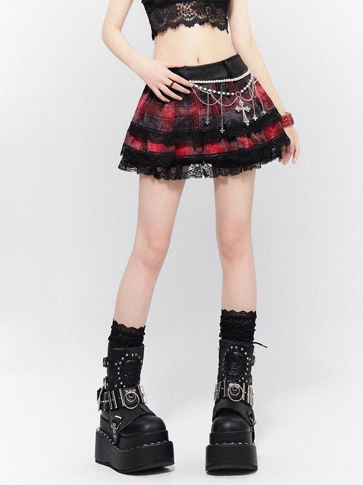 Black and Red Plaid Lace Trim Tiered Skirt with Buckle Belt Design