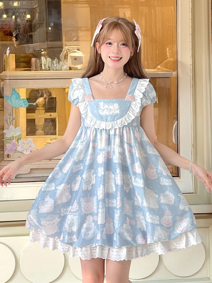 Blue Square Neck Puff Sleeve Adorable Lamb Print Sweet Lolita Dress