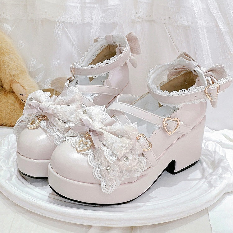 Pink Jirai Kei Bow at Top Crisscross Design Heart Buckles Platform High Block Heels Shoes
