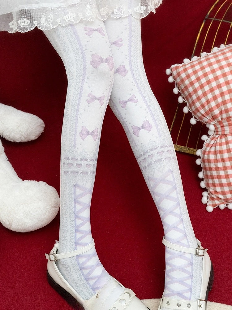 Red/Blue/Purple/Black Sweet Lolita Bowknot Heart Print Tights