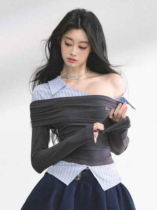 Gray and Blue Stripes Asymmetrical Neckline Faux Two-pieces Top