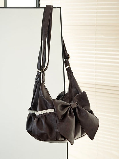 Brown Elegant Classic Lace Detailed Shoulder Tote Bag With Oversized Bow