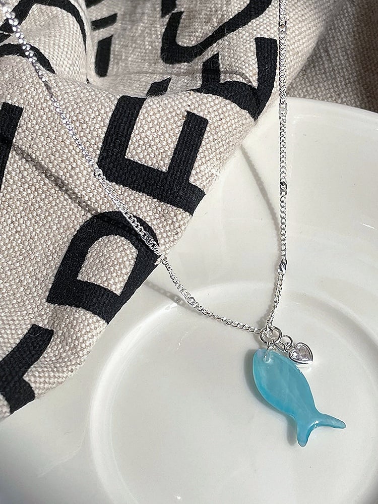 Blue/White Y2K Bittersweet Fish And Rhinestone Heart Pendant Necklace