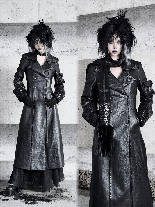 Black Goth Cracked Leather Trench Coat with Cozy Fleece Lining