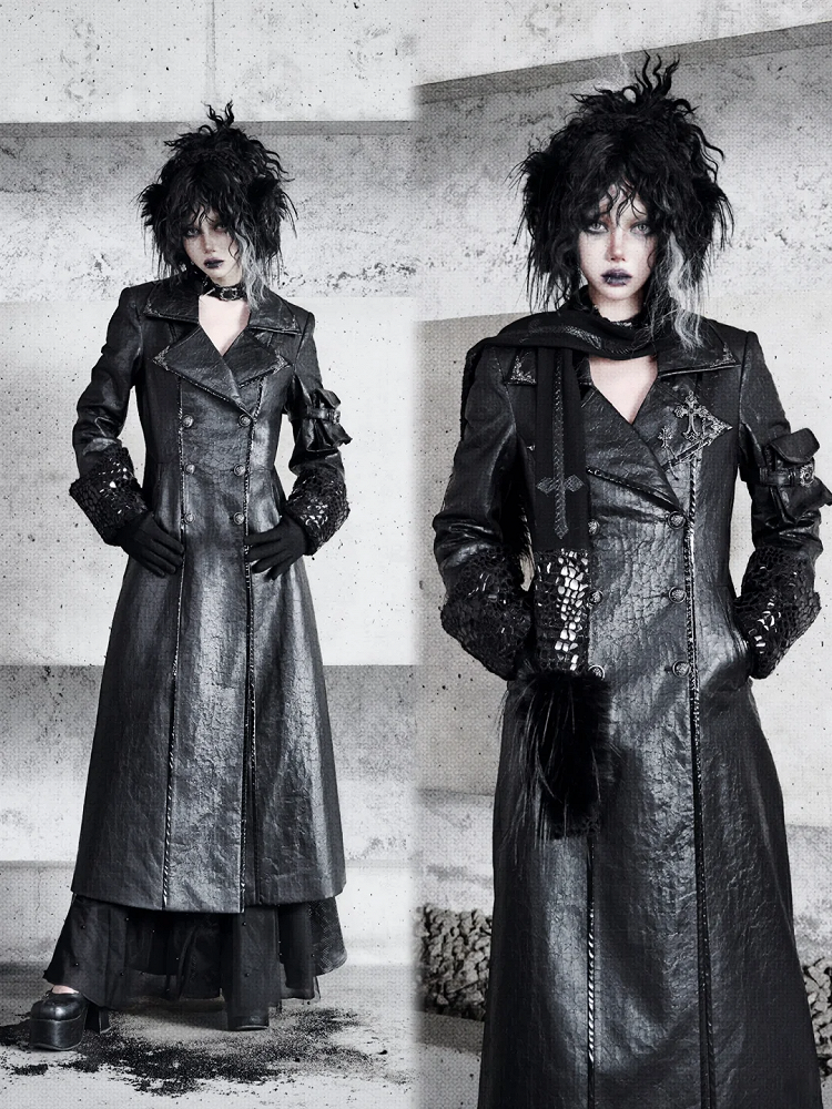Black Goth Cracked Leather Trench Coat with Cozy Fleece Lining