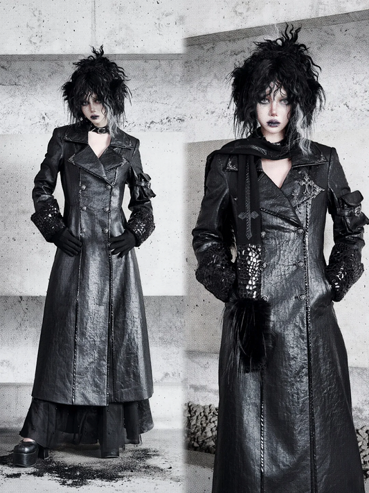 Black Goth Cracked Leather Trench Coat with Cozy Fleece Lining