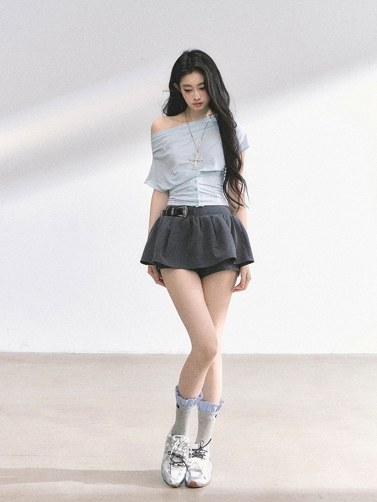 Off-the-shoulder Neckline Gray / Water Blue Slim-fitting T-shirt