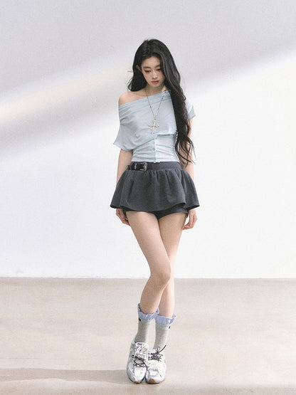 Off-the-shoulder Neckline Gray / Water Blue Slim-fitting T-shirt