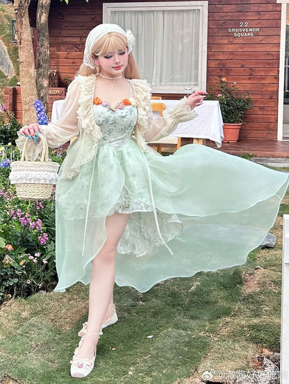 Plus Size Basque Waist Green Summer Floral Dress High-low Skirt