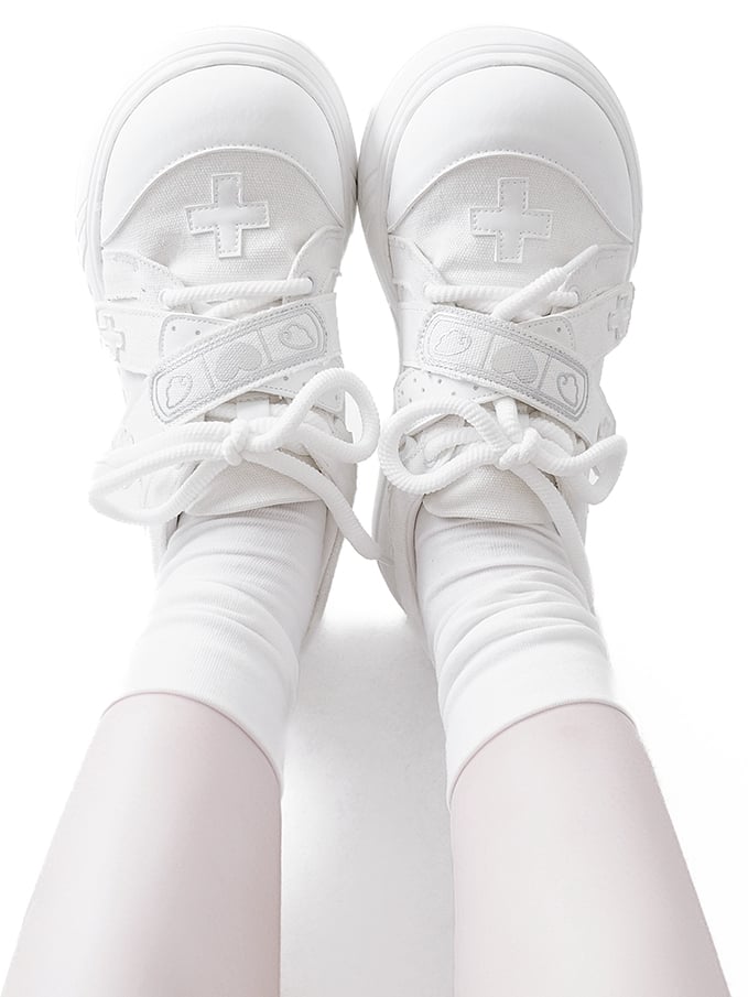 White Yami Kawaii Cross Applique Crisscross Velcro Strap Closures Platform Sneakers