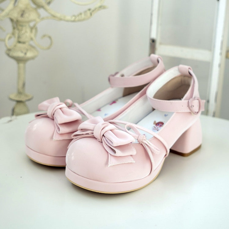 Bow at Top Pink Round Toe Sweet Mary Janes Ankle Strap